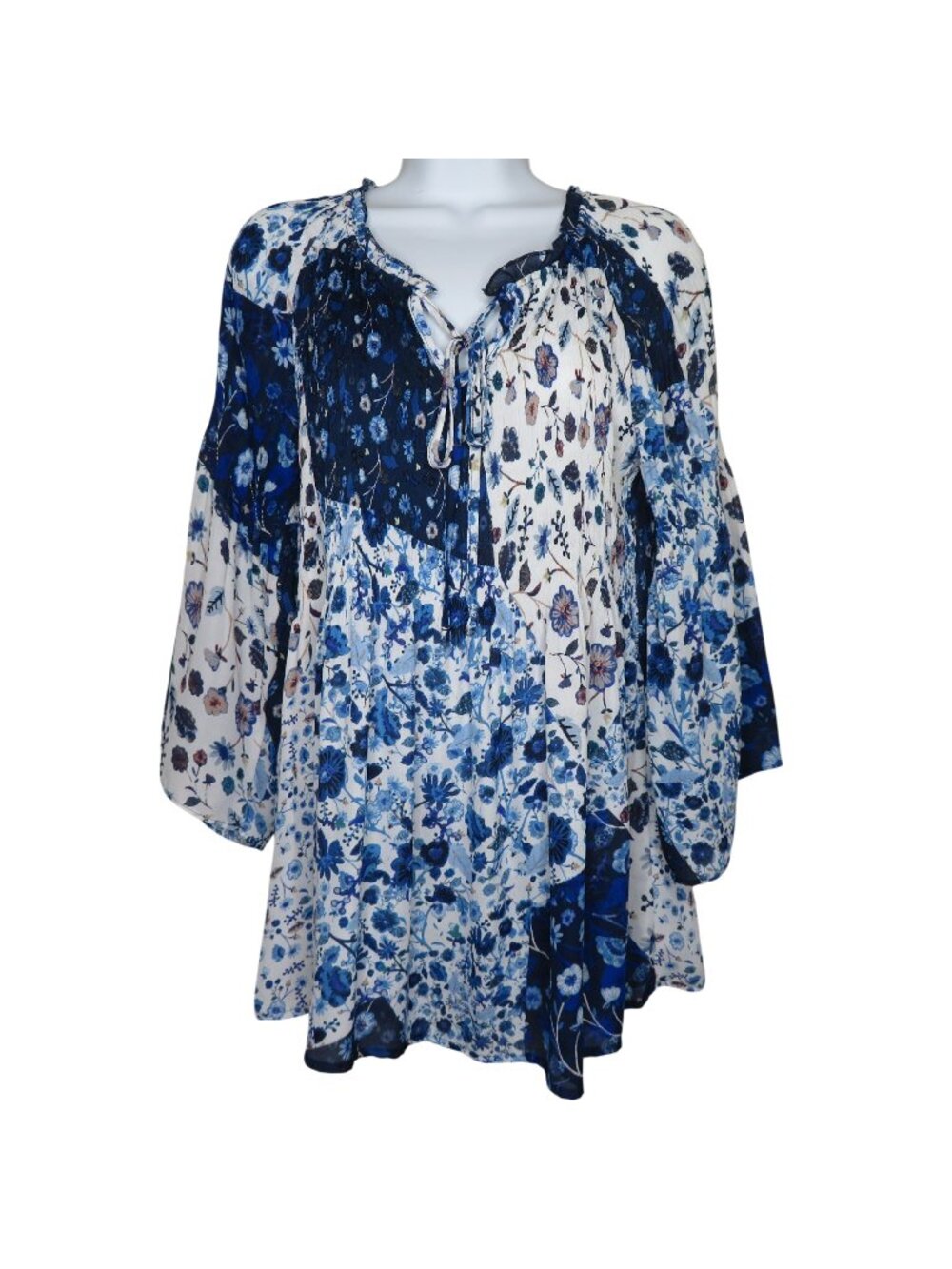 Spense Womens Blue Floral Boho Tunic Blouse Top 3/4 Bell Sleeves Size S/P